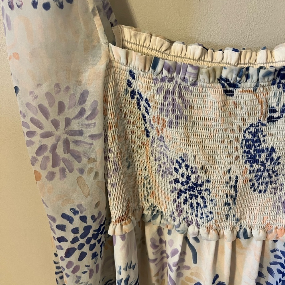 Aritzia Wilfred Tempest Blue Floral Chiffon Mini Dress Long Sheer Sleeve - Picture 10 of 10